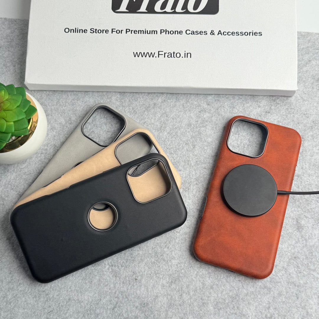 FRATO iPhone 15 Series iPhone 15 Series Textured PU Leather Logo Cut MagSafe Case Cover
