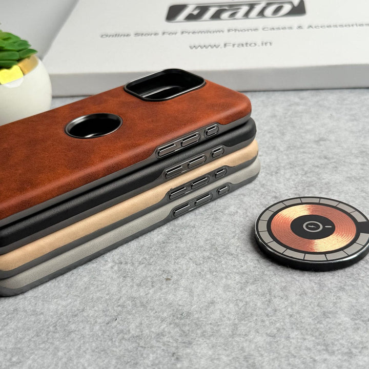 FRATO iPhone 15 Series iPhone 15 Series Textured PU Leather Logo Cut MagSafe Case Cover