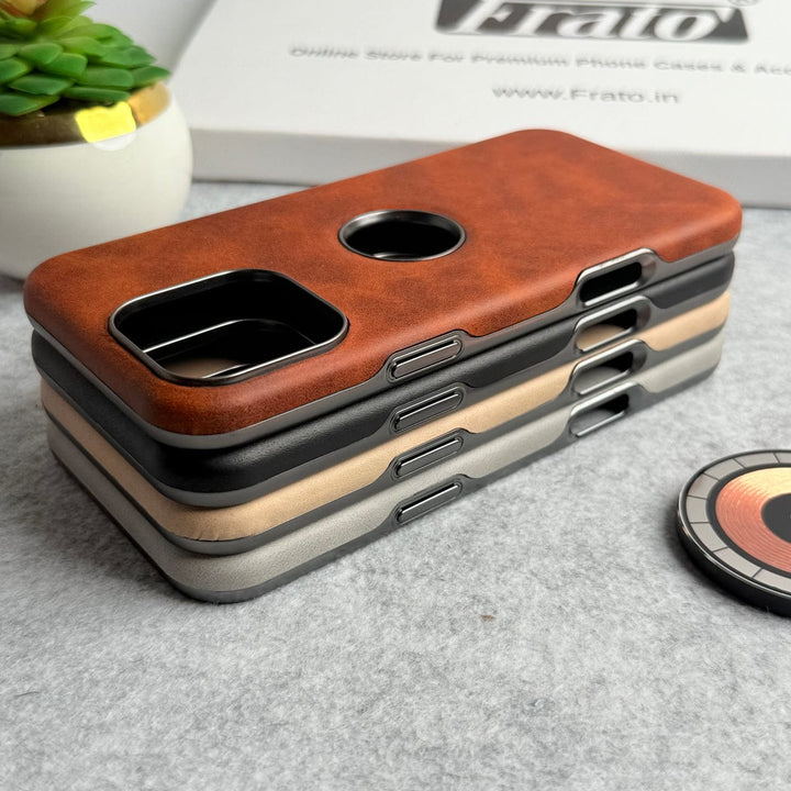 FRATO iPhone 15 Series iPhone 15 Series Textured PU Leather Logo Cut MagSafe Case Cover