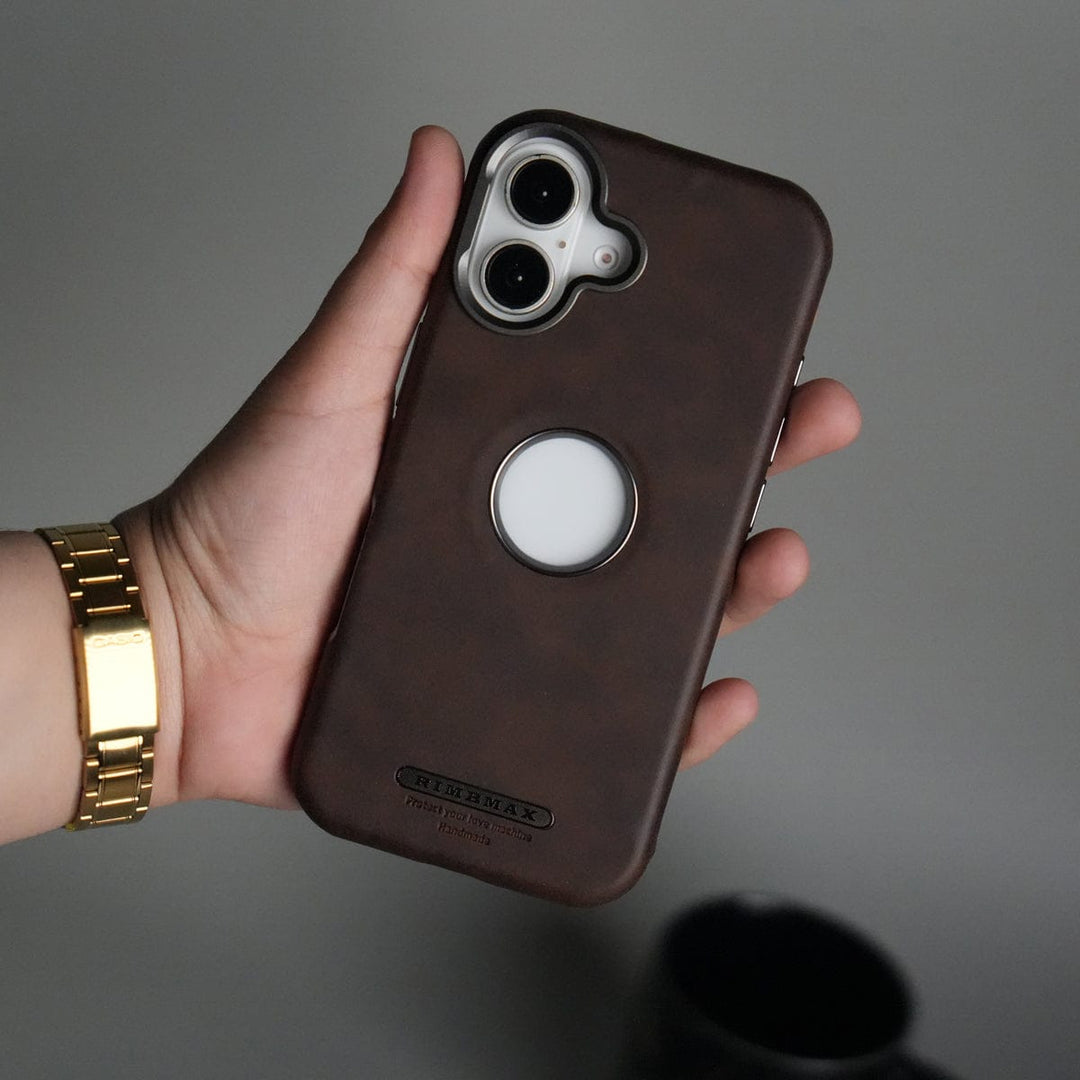 FRATO iPhone 16 Series 16 / Brown iPhone 16 Series PU Leather Logo Cut MagSafe Case | Metal Camera Frame with Premium Finish