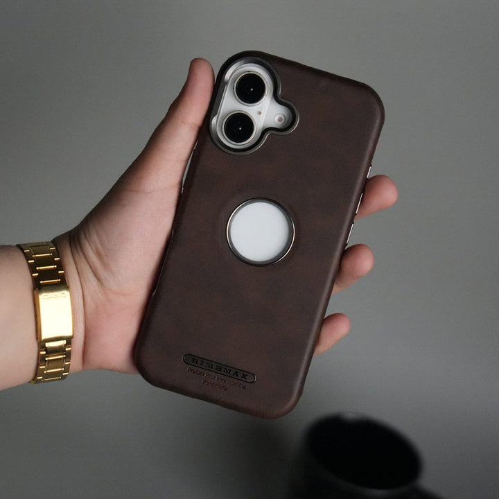FRATO iPhone 16 Series 16 / Brown iPhone 16 Series PU Leather Logo Cut MagSafe Case | Metal Camera Frame with Premium Finish