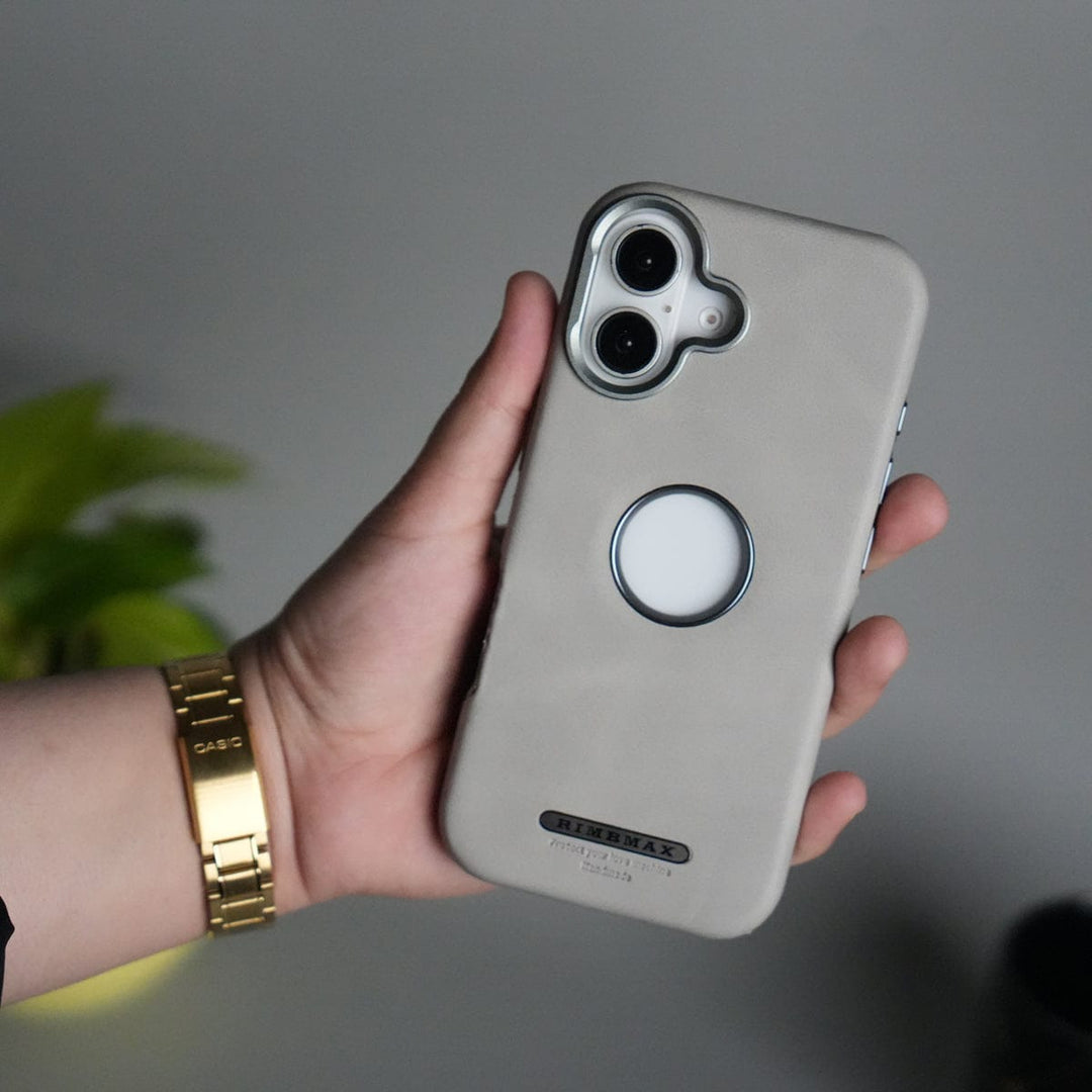 FRATO iPhone 16 Series 16 / Gray iPhone 16 Series PU Leather Logo Cut MagSafe Case | Metal Camera Frame with Premium Finish