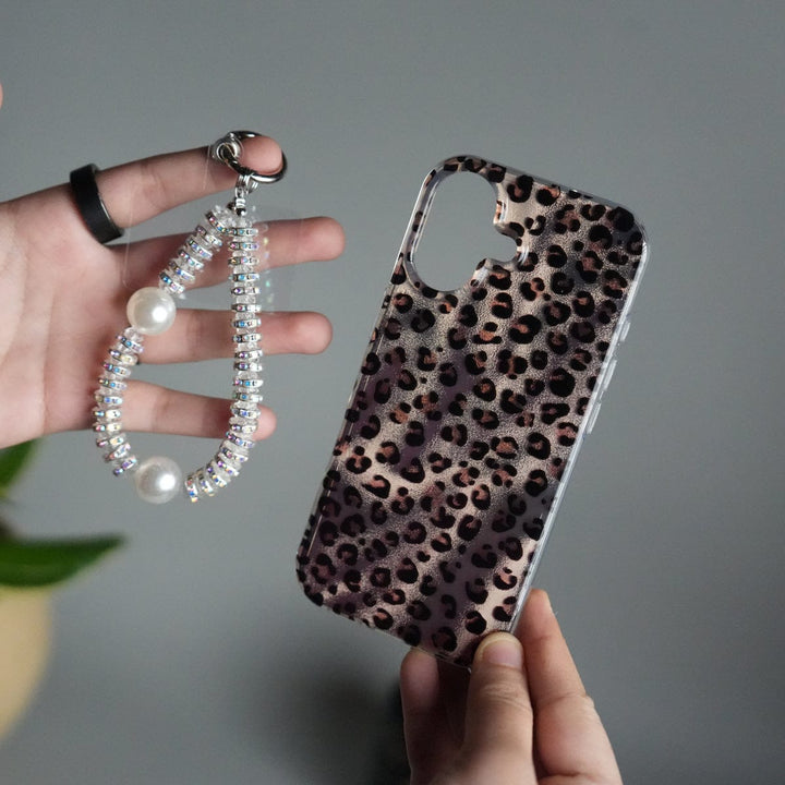 FRATO iPhone 16 Series 16 iPhone 16 Series Leopard Print Case with Beaded Wrist Strap | Cute Transparent Designer Cover