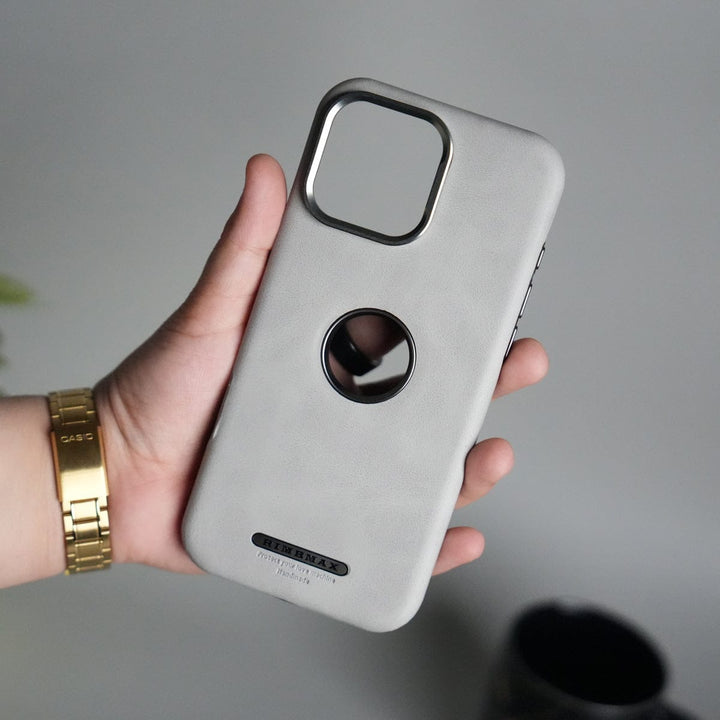 FRATO iPhone 16 Series 16 Plus / Gray iPhone 16 Series PU Leather Logo Cut MagSafe Case | Metal Camera Frame with Premium Finish