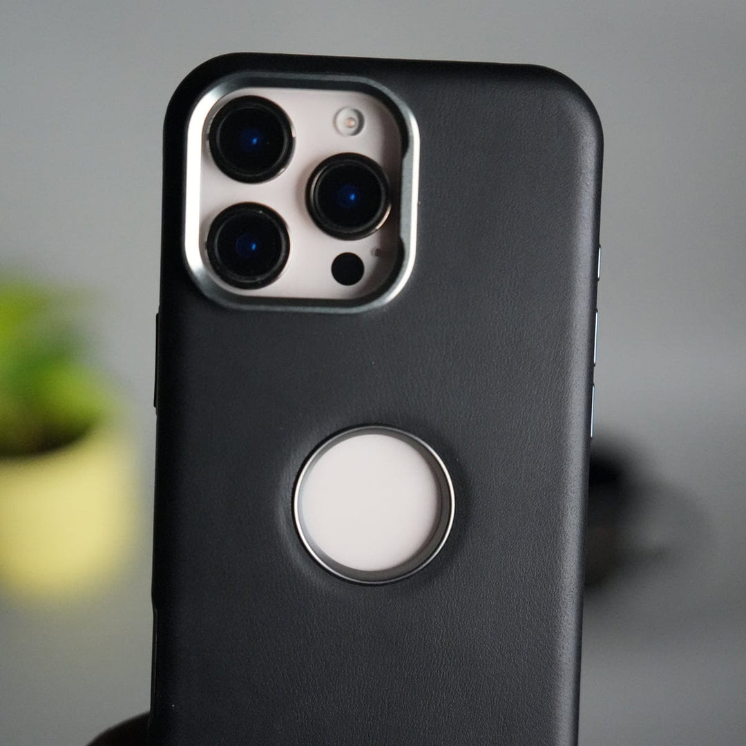 FRATO iPhone 16 Series 16 Pro / Black iPhone 16 Series PU Leather Logo Cut MagSafe Case | Metal Camera Frame with Premium Finish