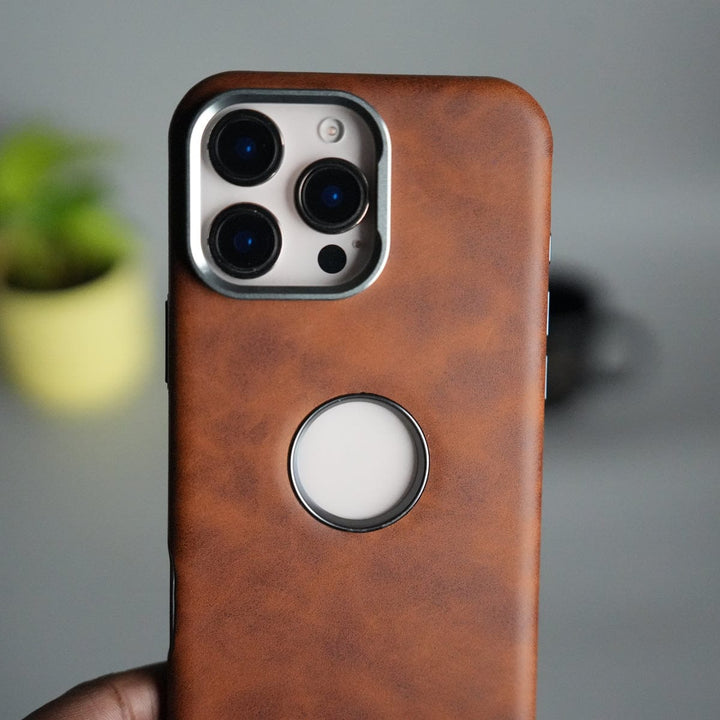 FRATO iPhone 16 Series 16 Pro / Brown iPhone 16 Series PU Leather Logo Cut MagSafe Case | Metal Camera Frame with Premium Finish