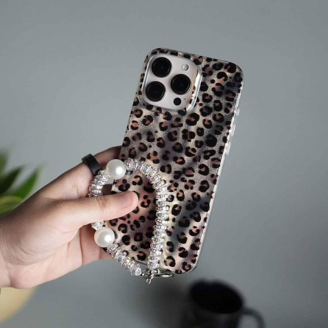 FRATO iPhone 16 Series 16 Pro iPhone 16 Series Leopard Print Case with Beaded Wrist Strap | Cute Transparent Designer Cover