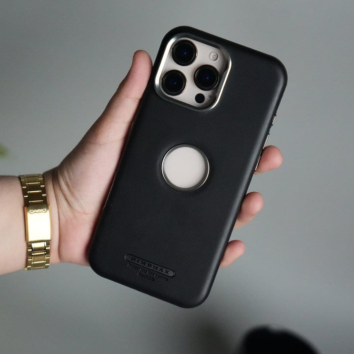 FRATO iPhone 16 Series 16 Pro Max / Black iPhone 16 Series PU Leather Logo Cut MagSafe Case | Metal Camera Frame with Premium Finish