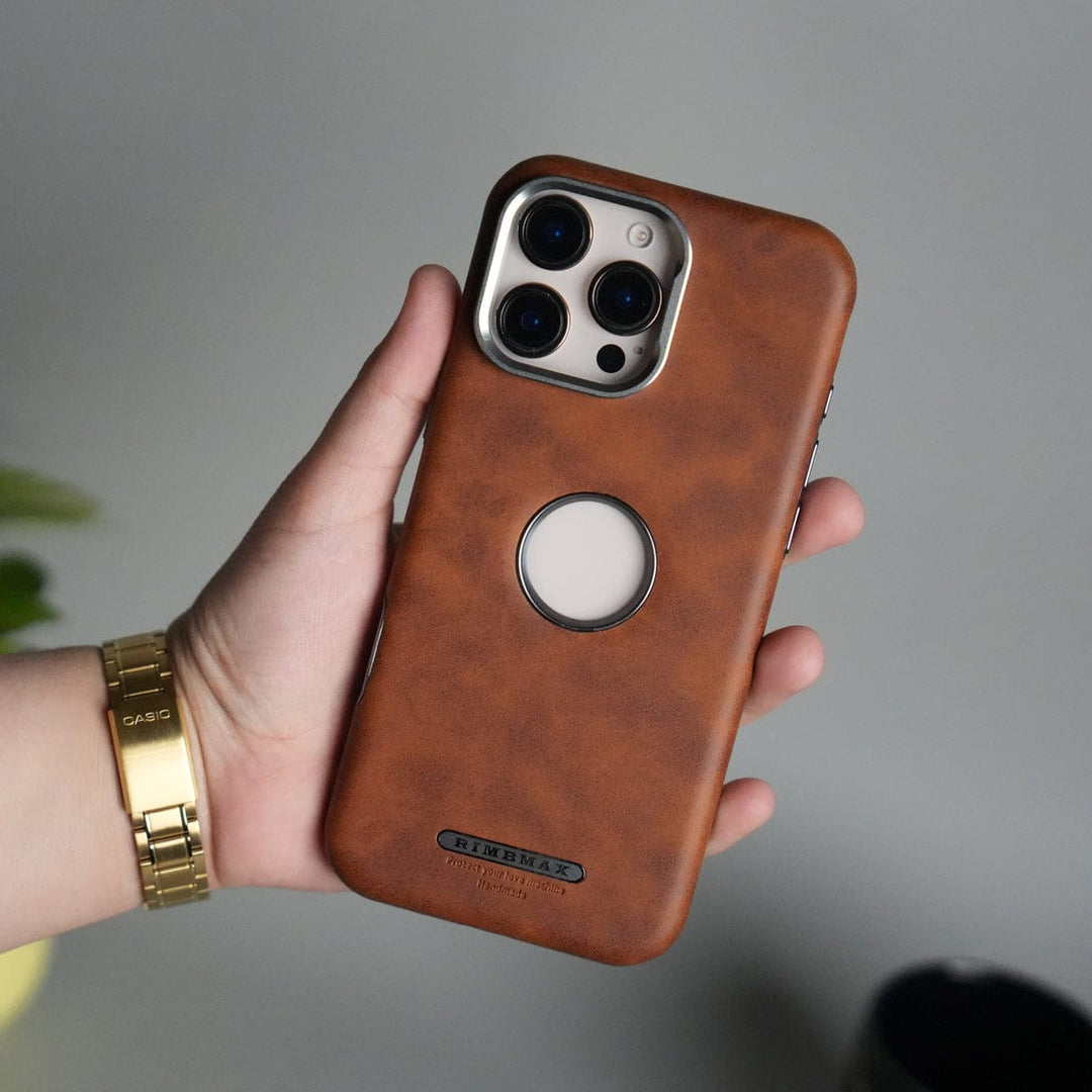 FRATO iPhone 16 Series 16 Pro Max / Brown iPhone 16 Series PU Leather Logo Cut MagSafe Case | Metal Camera Frame with Premium Finish