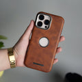 iPhone 15 Series PU Leather Logo Cut MagSafe Case | Metal Camera Frame with Premium Finish