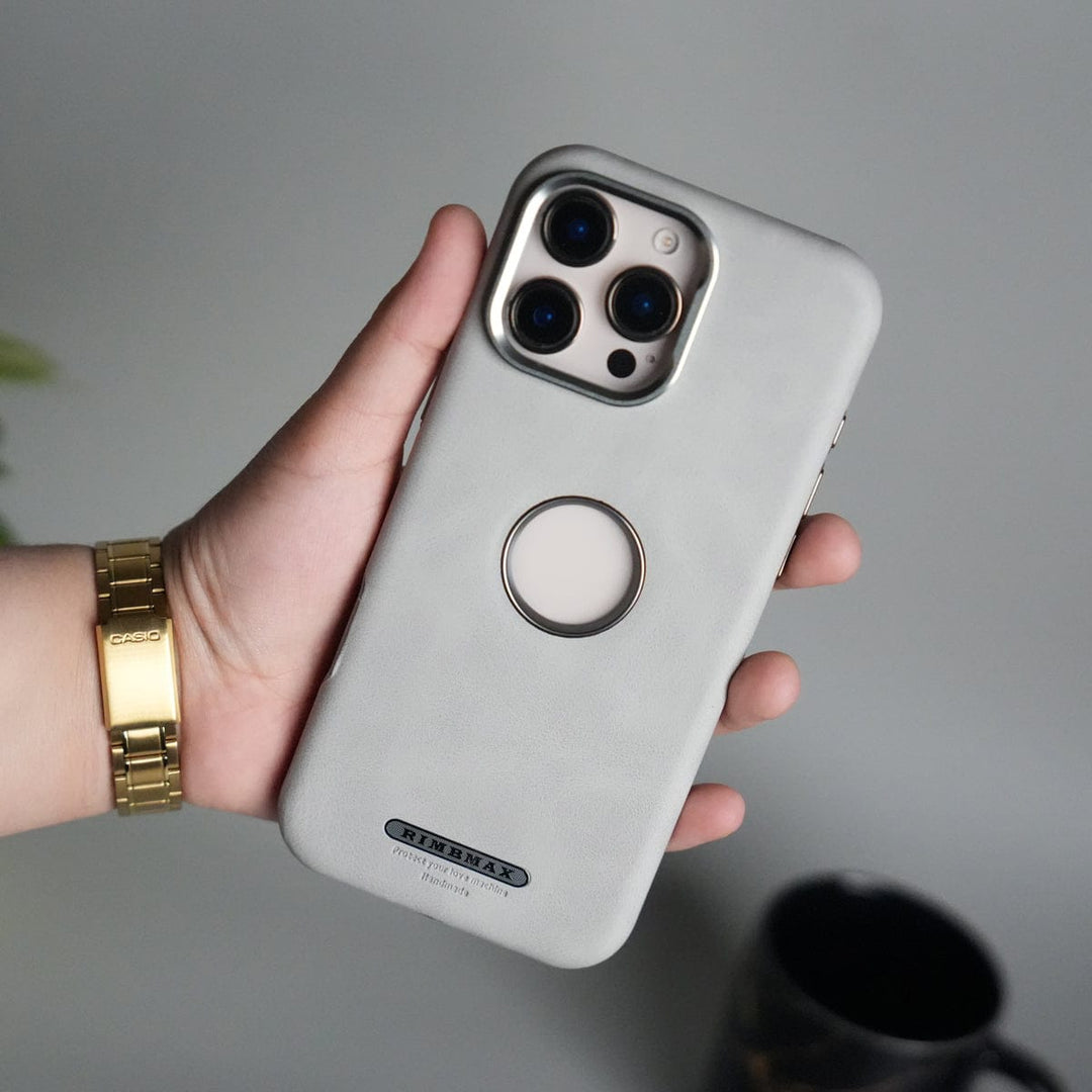 FRATO iPhone 16 Series 16 Pro Max / Gray iPhone 16 Series PU Leather Logo Cut MagSafe Case | Metal Camera Frame with Premium Finish