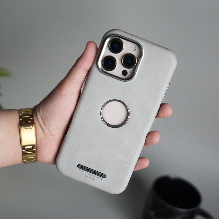 FRATO iPhone 16 Series 16 Pro Max / Gray iPhone 16 Series PU Leather Logo Cut MagSafe Case | Metal Camera Frame with Premium Finish