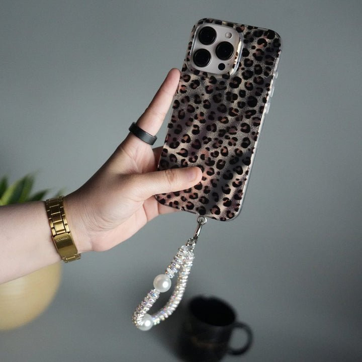 FRATO iPhone 16 Series 16 Pro Max iPhone 16 Series Leopard Print Case with Beaded Wrist Strap | Cute Transparent Designer Cover