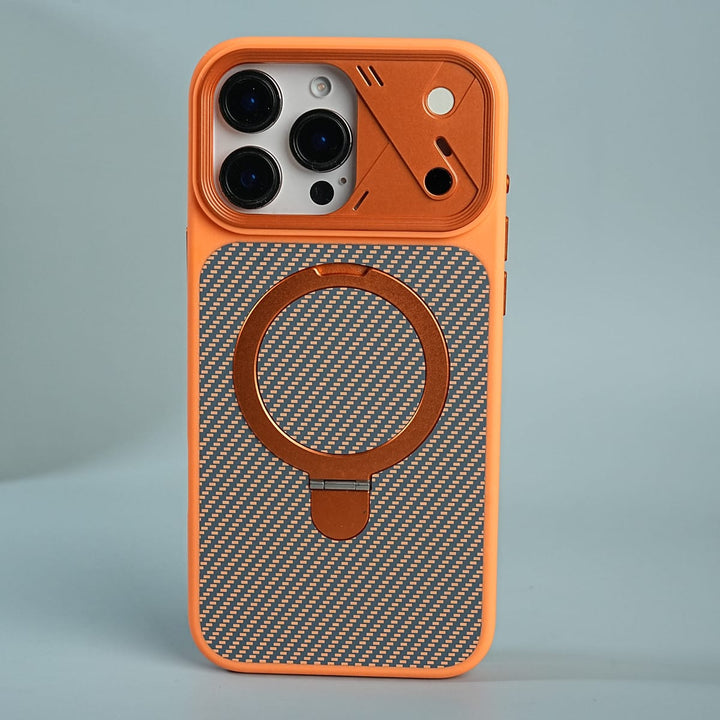 FRATO iPhone 16 Series 17 Pro Max / Orange iPhone 16 Series Carbon Fiber Texture Ring Stand Convertible Case