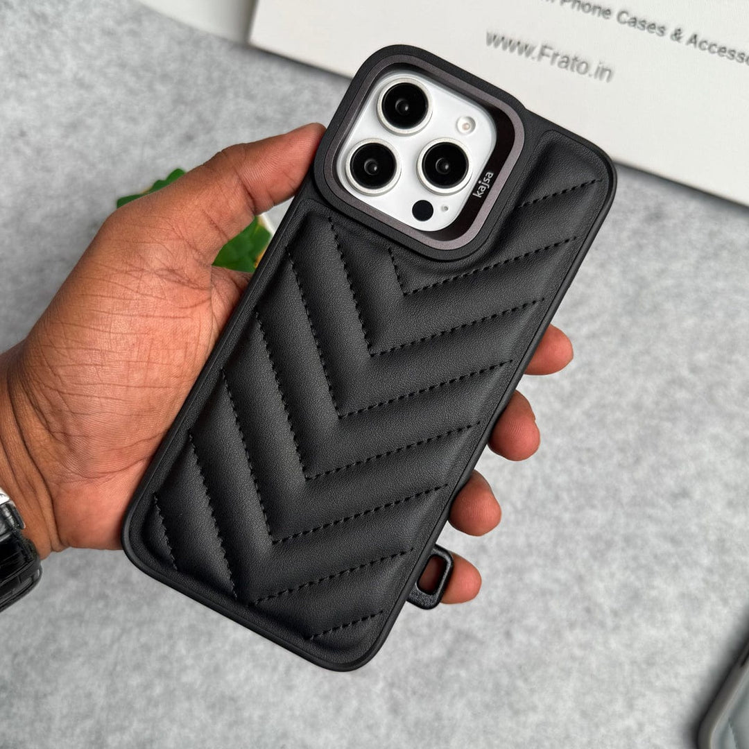 FRATO iPhone 16 Series Black iPhone 16 Pro Max PUFF Leather Metallic Camera Frame Case Cover