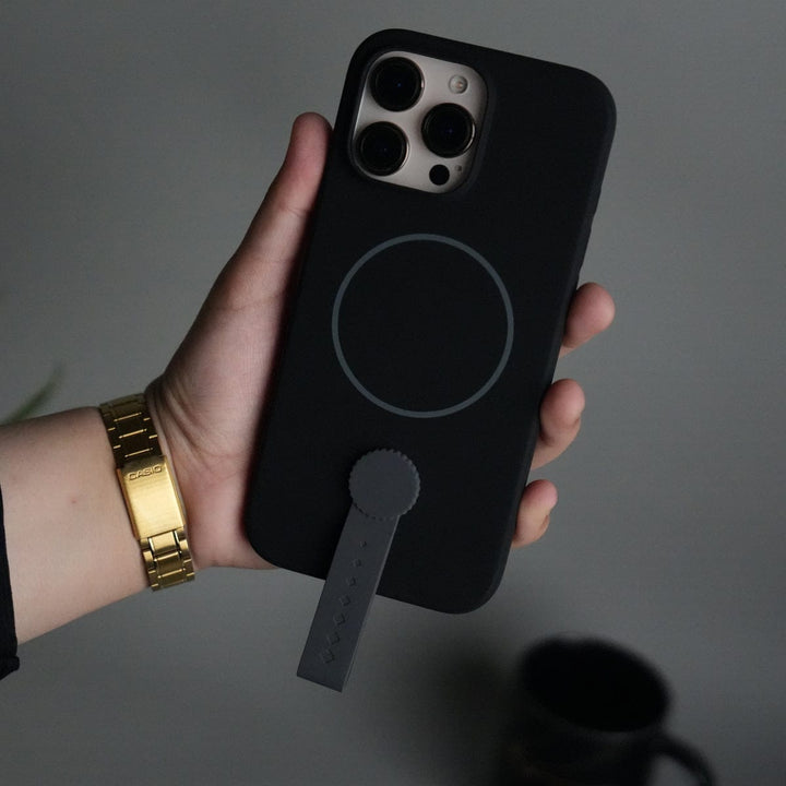 FRATO iPhone 16 Series Black iPhone 16 Pro Max Silicone Case | Magnetic Ring | Silicone Rotating Grip Strap Cover