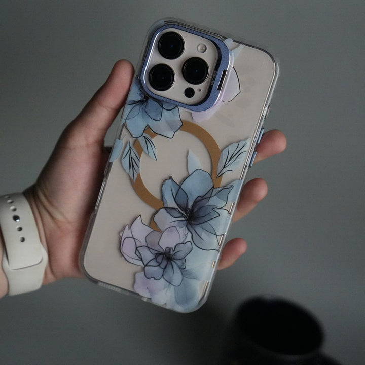 FRATO iPhone 16 Series Blue iPhone 16 Pro Max FloraCrystal Clear Floral Design Case with Color Metal Camera Stand Frame