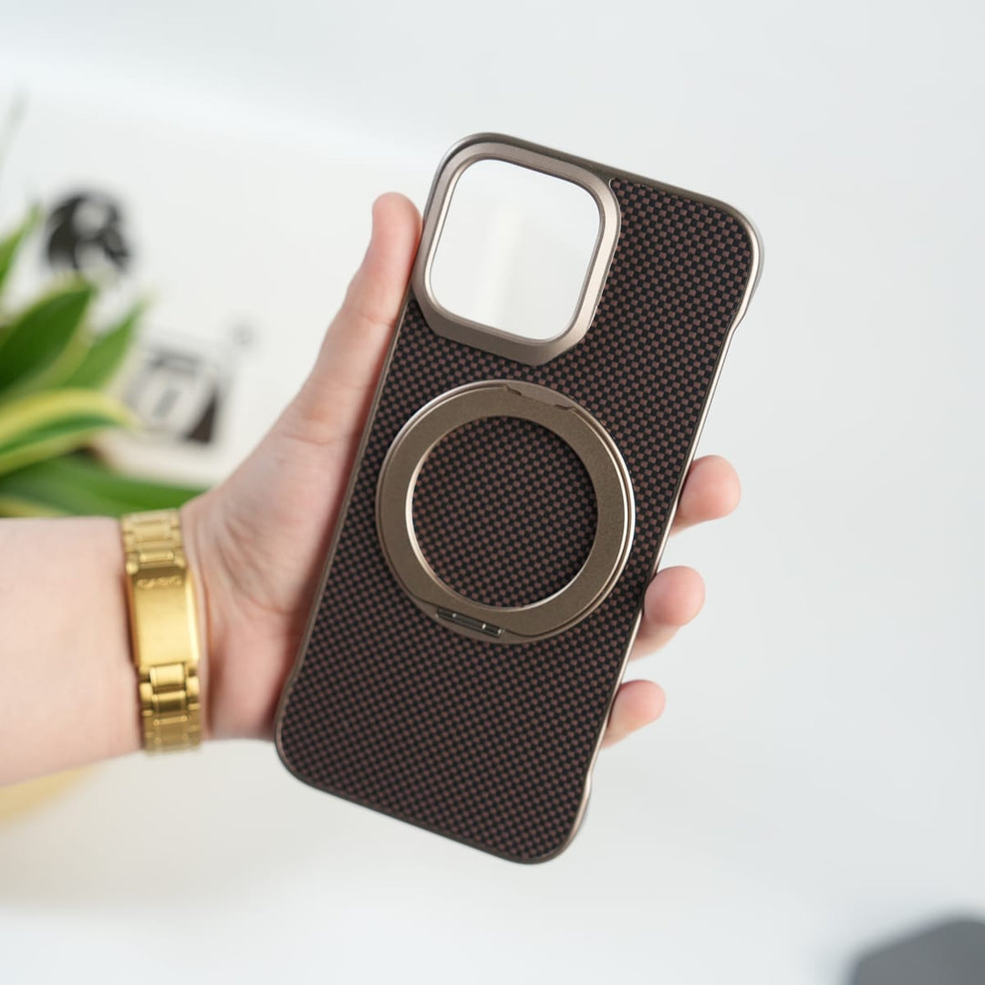 FRATO iPhone 16 Series Brown iPhone 16 Pro Max Premium Magnetic Ring Stand Carbon Fiber Case