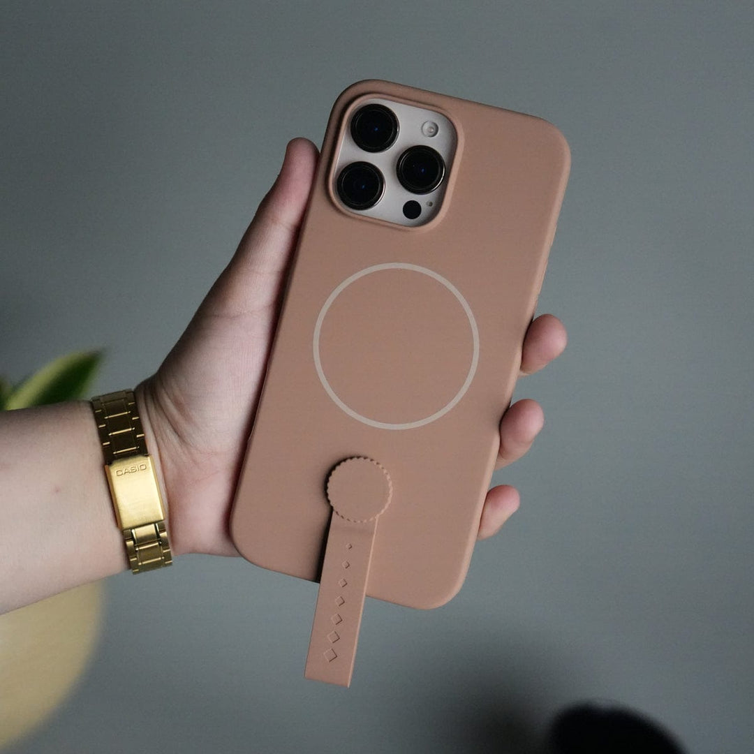 FRATO iPhone 16 Series Brown iPhone 16 Pro Max Silicone Case | Magnetic Ring | Silicone Rotating Grip Strap Cover