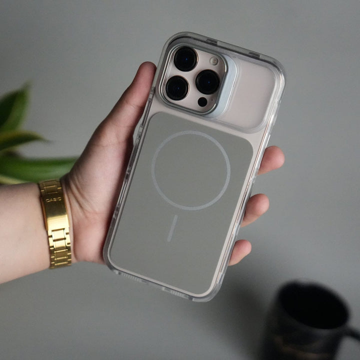 FRATO iPhone 16 Series Gray iPhone 16 Pro Max MagSafe Case with Metal Camera Stand | Slim & Shockproof Protection