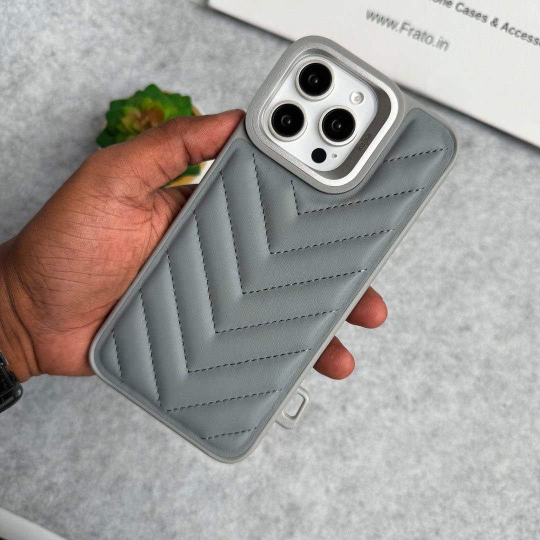 FRATO iPhone 16 Series Gray iPhone 16 Pro Max PUFF Leather Metallic Camera Frame Case Cover