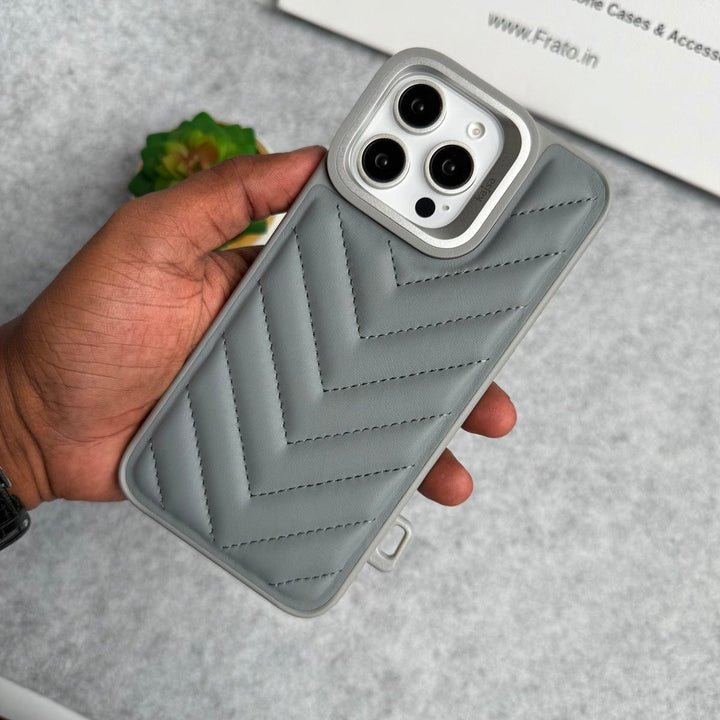 FRATO iPhone 16 Series Gray iPhone 16 Pro Max PUFF Leather Metallic Camera Frame Case Cover