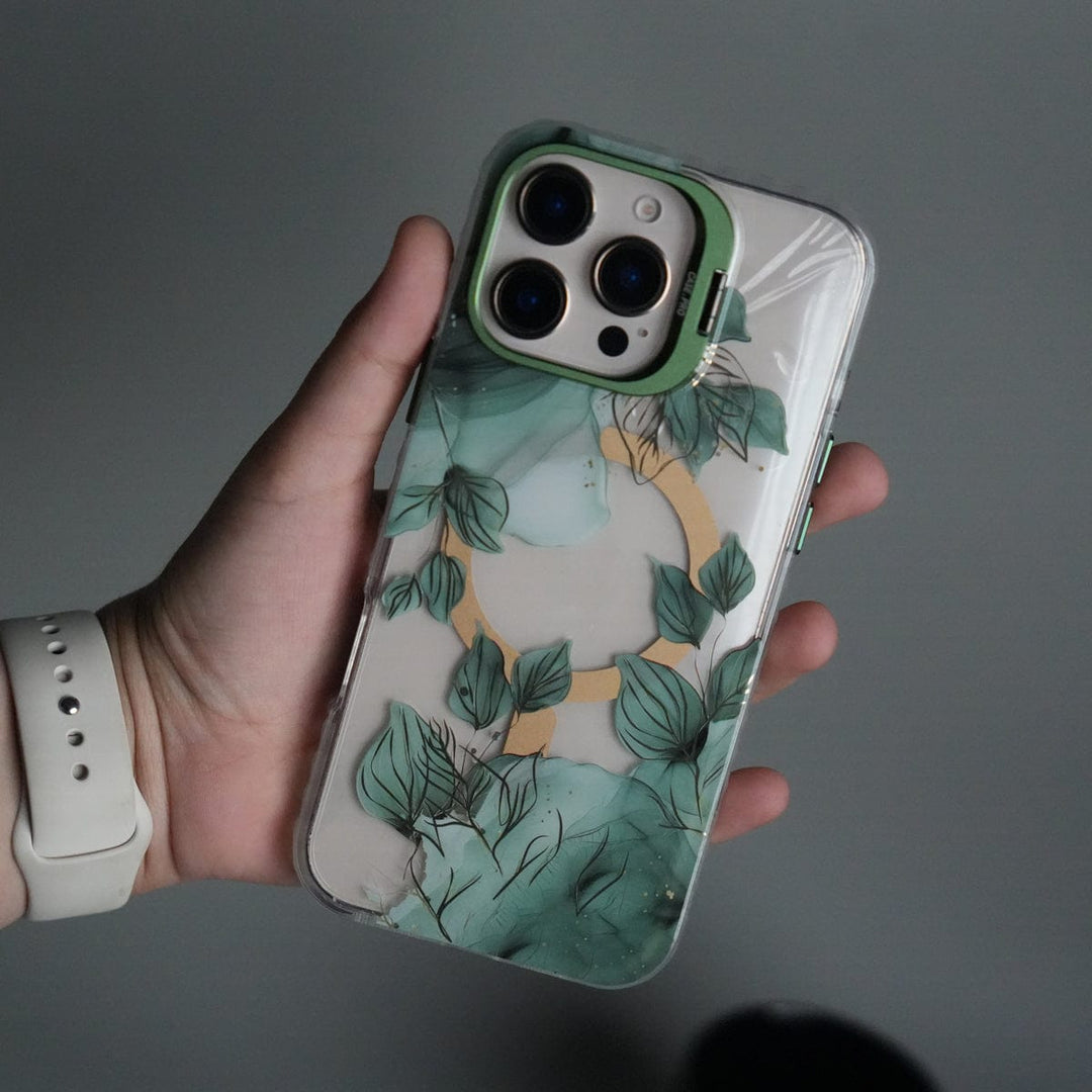 FRATO iPhone 16 Series Green iPhone 16 Pro Max FloraCrystal Clear Floral Design Case with Color Metal Camera Stand Frame