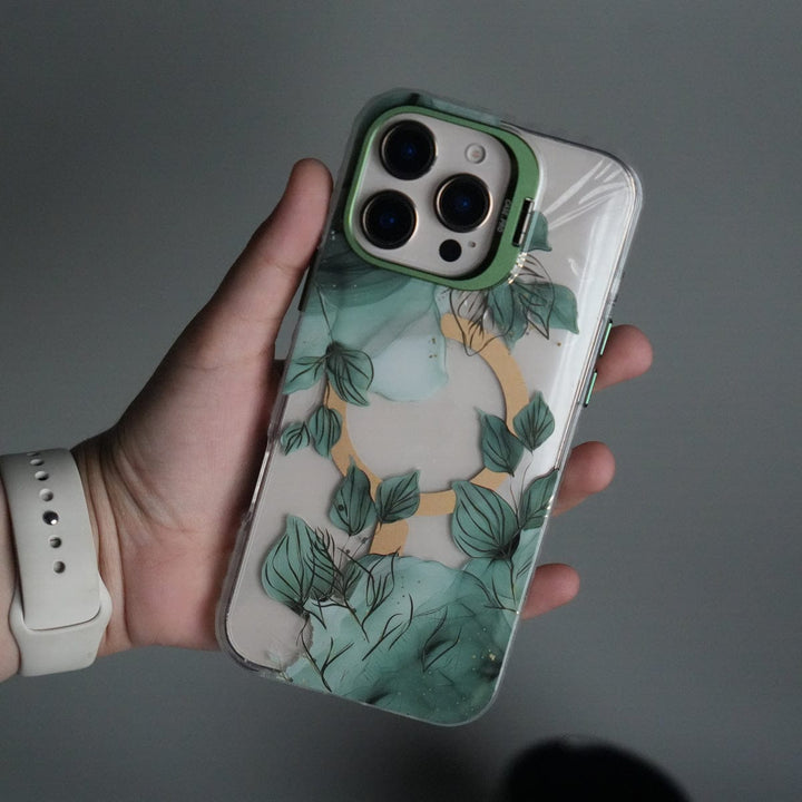 FRATO iPhone 16 Series Green iPhone 16 Pro Max FloraCrystal Clear Floral Design Case with Color Metal Camera Stand Frame
