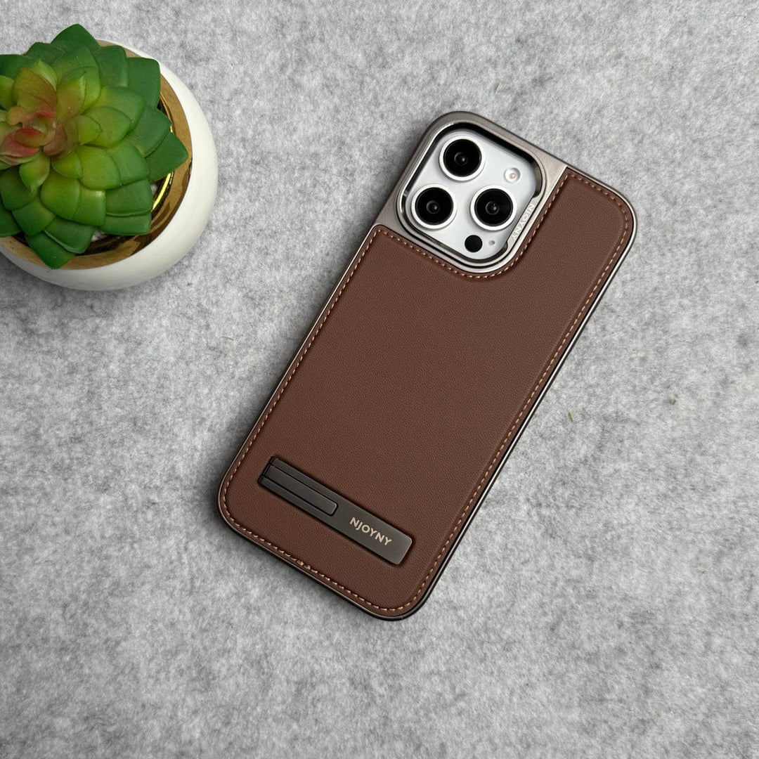 FRATO iPhone 16 Series iPhone 16 Pro max / Brown iPhone 16 Series Leather Mate Chrome Plated Kick Stand Case Cover