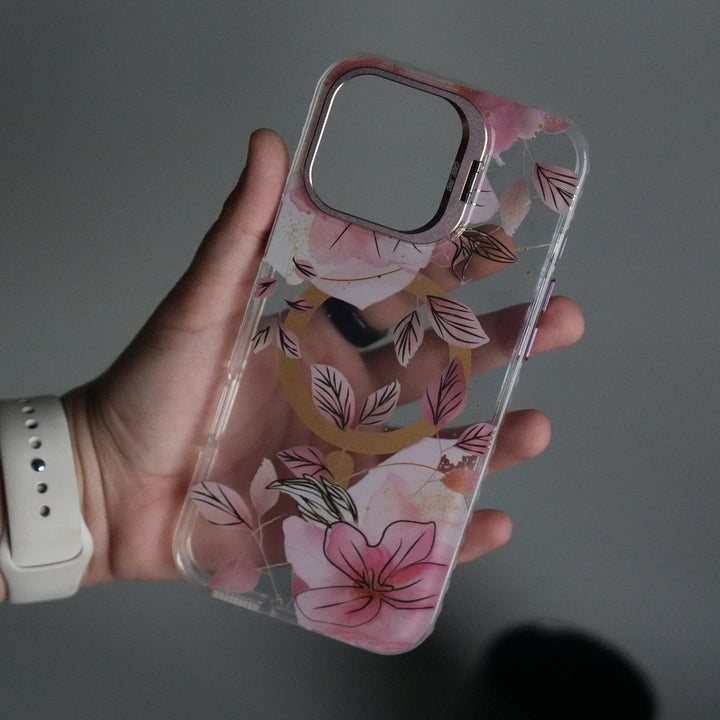 FRATO iPhone 16 Series iPhone 16 Pro Max FloraCrystal Clear Floral Design Case with Color Metal Camera Stand Frame