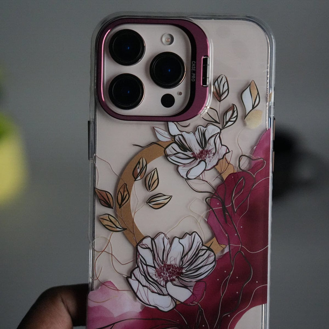 FRATO iPhone 16 Series iPhone 16 Pro Max FloraCrystal Clear Floral Design Case with Color Metal Camera Stand Frame