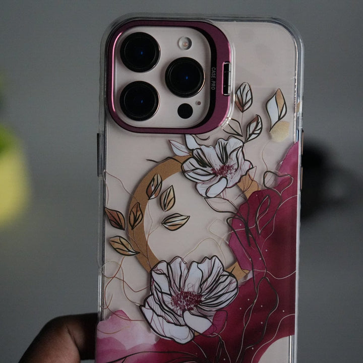 FRATO iPhone 16 Series iPhone 16 Pro Max FloraCrystal Clear Floral Design Case with Color Metal Camera Stand Frame