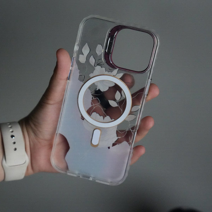 FRATO iPhone 16 Series iPhone 16 Pro Max FloraCrystal Clear Floral Design Case with Color Metal Camera Stand Frame