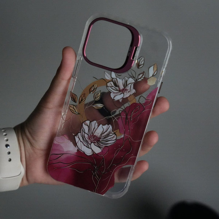 FRATO iPhone 16 Series iPhone 16 Pro Max FloraCrystal Clear Floral Design Case with Color Metal Camera Stand Frame