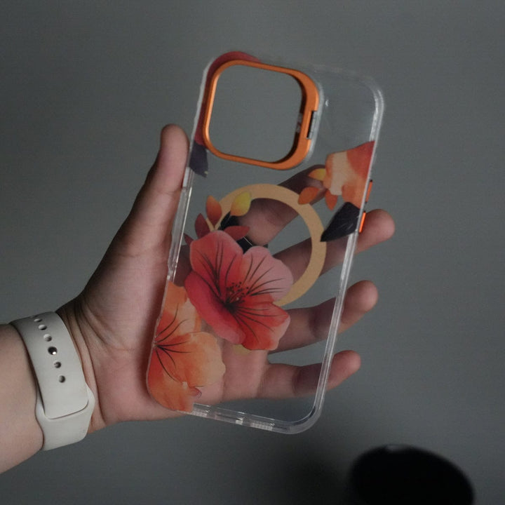 FRATO iPhone 16 Series iPhone 16 Pro Max FloraCrystal Clear Floral Design Case with Color Metal Camera Stand Frame