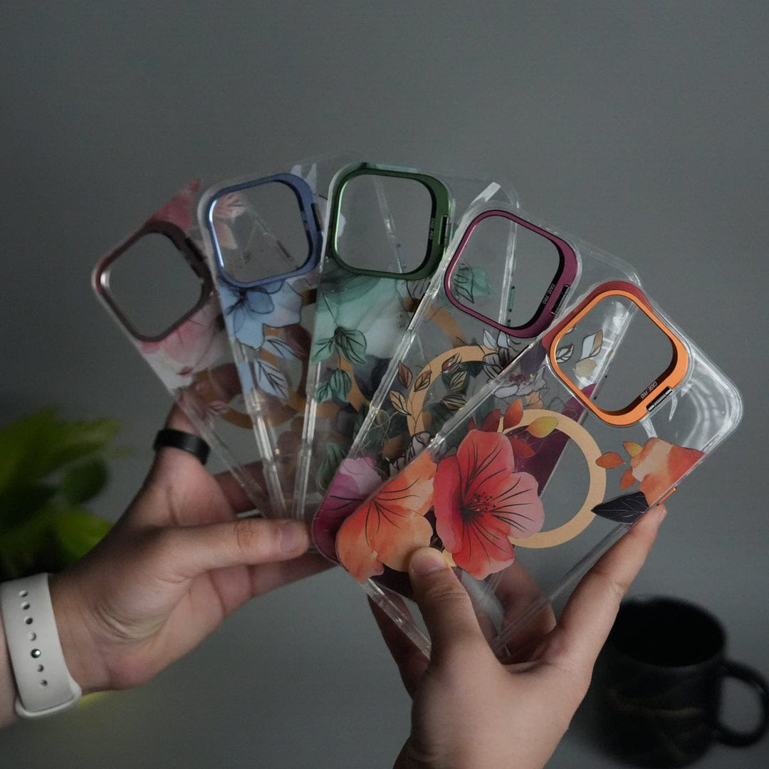 FRATO iPhone 16 Series iPhone 16 Pro Max FloraCrystal Clear Floral Design Case with Color Metal Camera Stand Frame