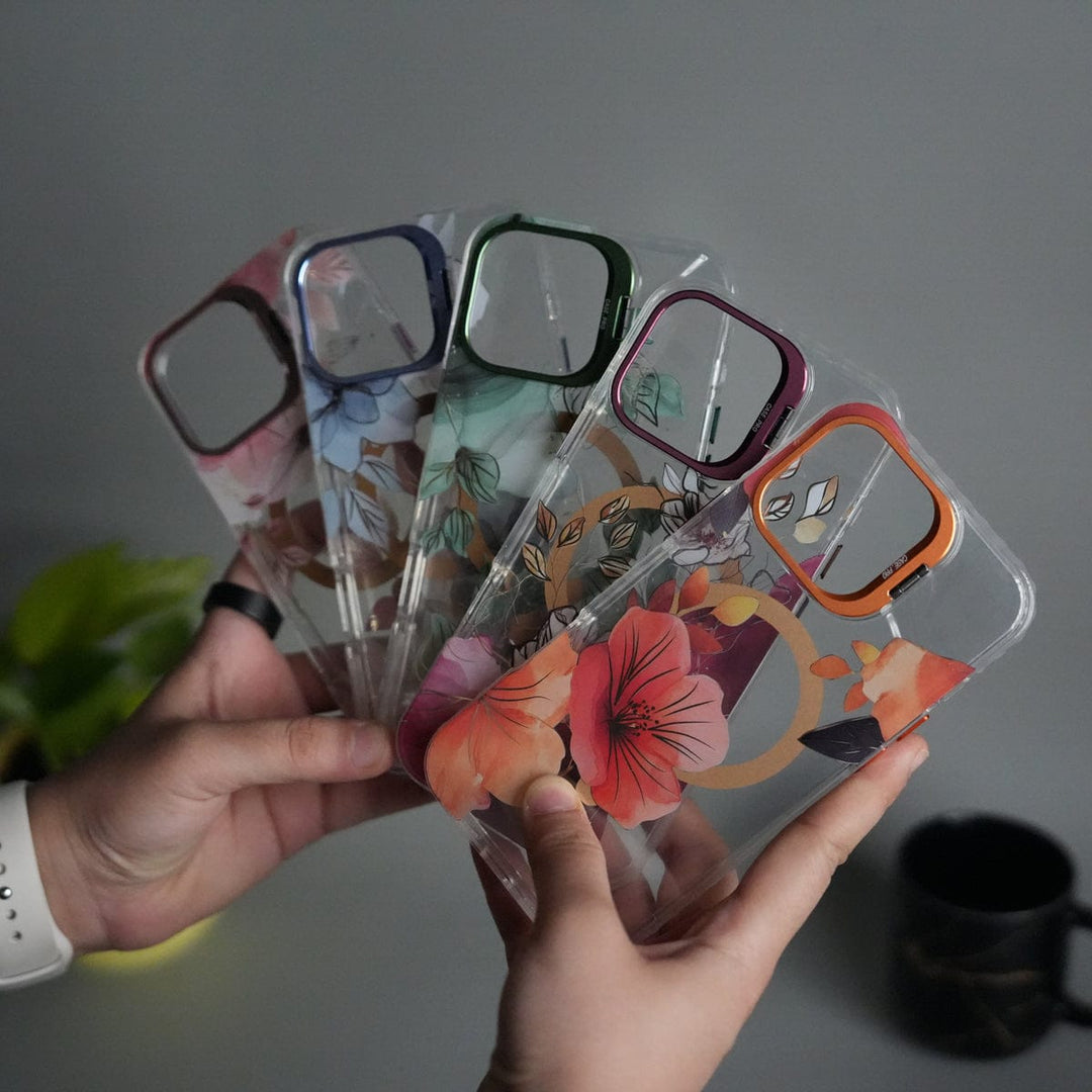 FRATO iPhone 16 Series iPhone 16 Pro Max FloraCrystal Clear Floral Design Case with Color Metal Camera Stand Frame