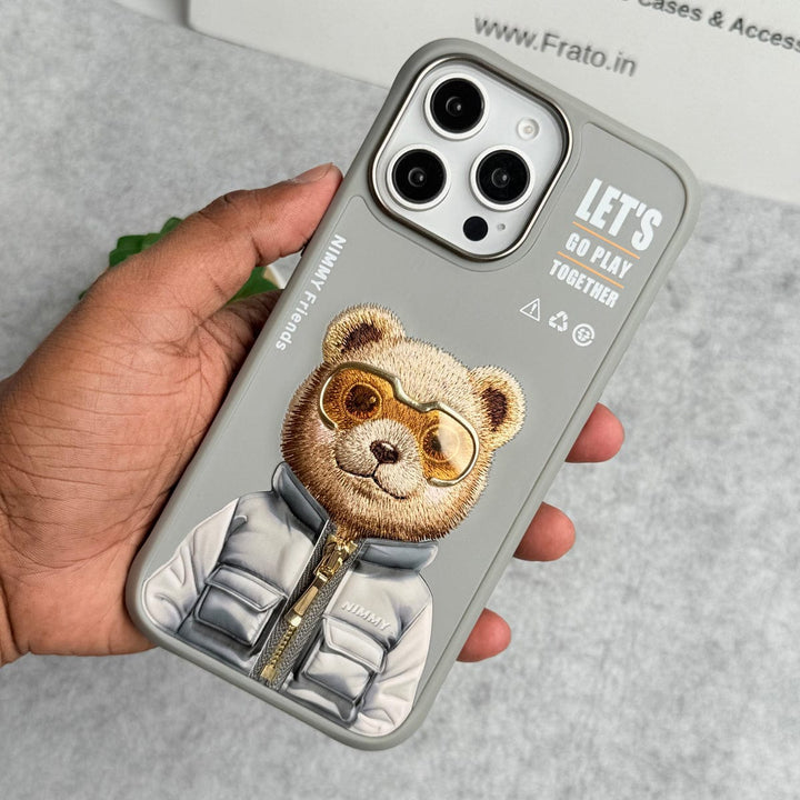 FRATO iPhone 16 Series iPhone 16 Pro Max / Gray iPhone 16 Pro Max / iPhone 16 Pro 3D Embroidery Teddy Zipper Jacket Case