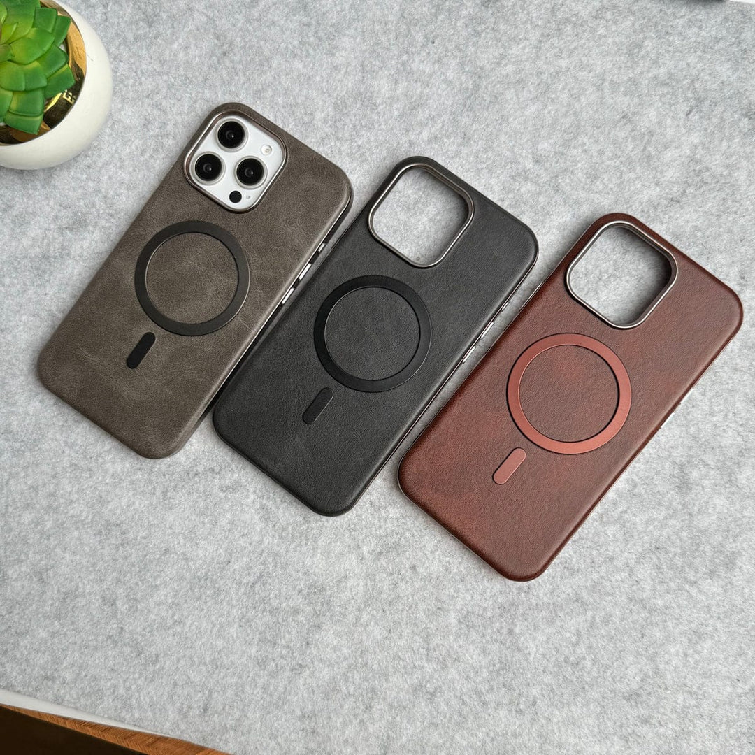 FRATO iPhone 16 Series iPhone 16 Pro Max Metallic Textured Leather MagSafe Ring Case Cover