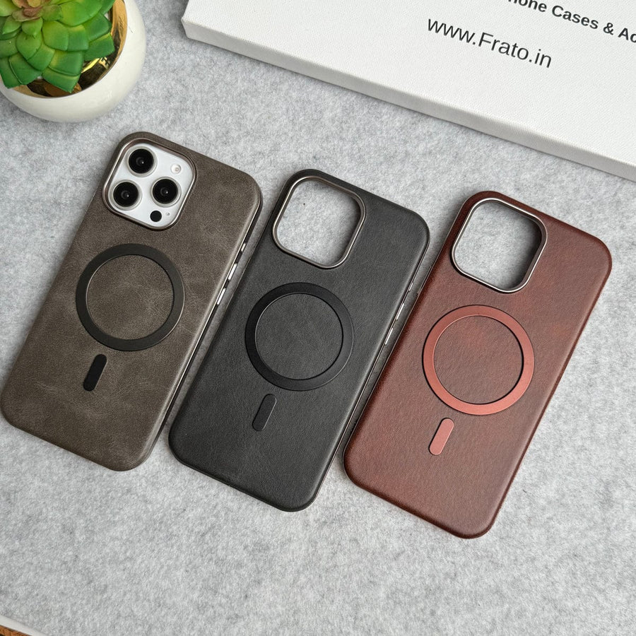 FRATO iPhone 16 Series iPhone 16 Pro Max Metallic Textured Leather MagSafe Ring Case Cover
