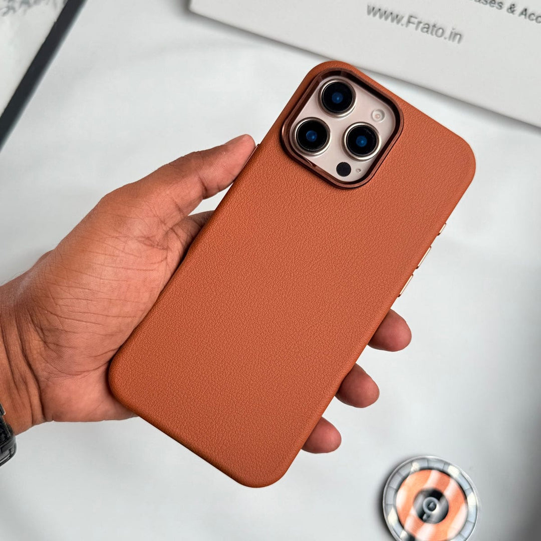 FRATO iPhone 16 Series iPhone 16 Pro Max Premium Leather Texture Metal Camera Bump MagSafe Cover Brown