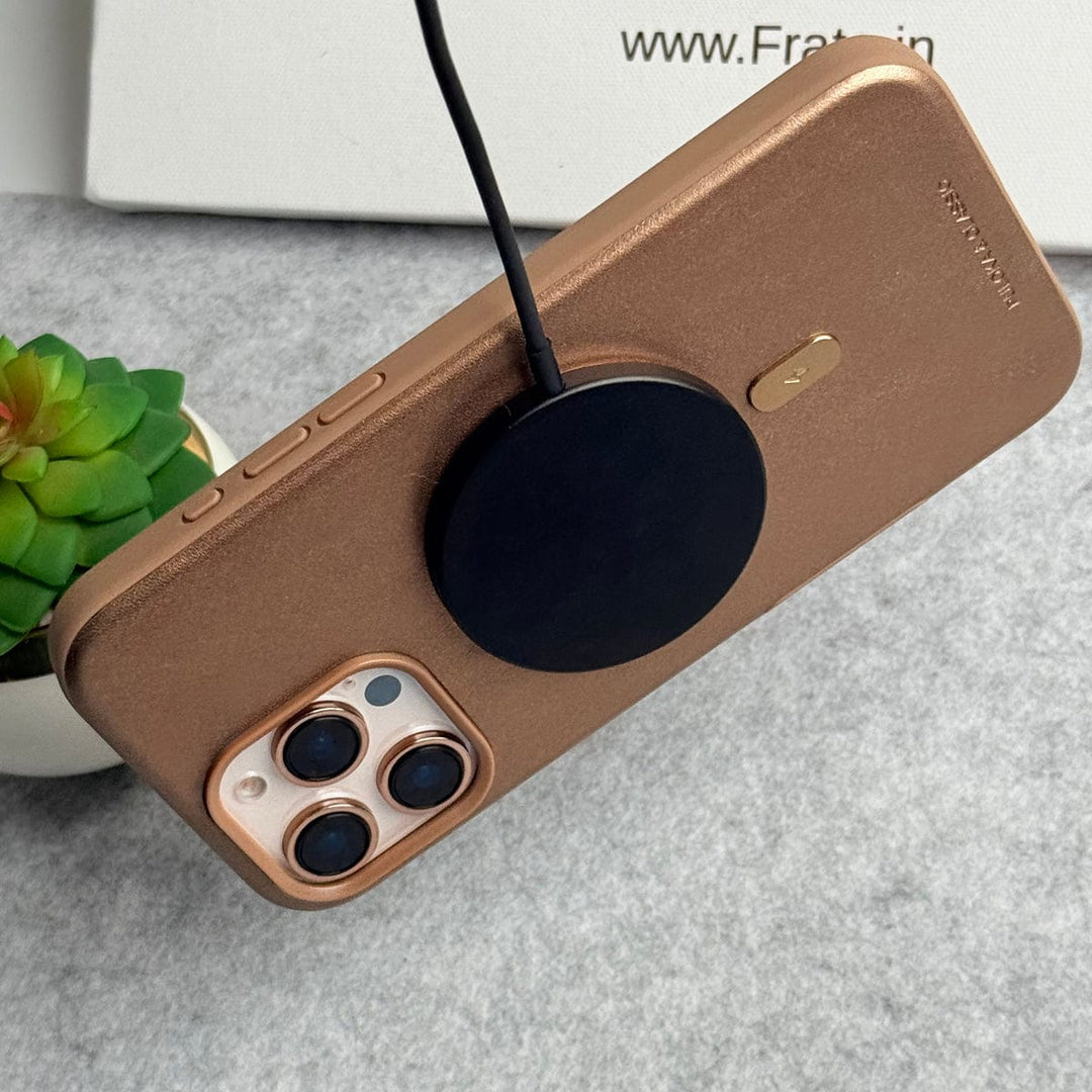 FRATO iPhone 16 Series iPhone 16 Pro Max Premium PU Leather Metal MagSafe Ring Case Golden