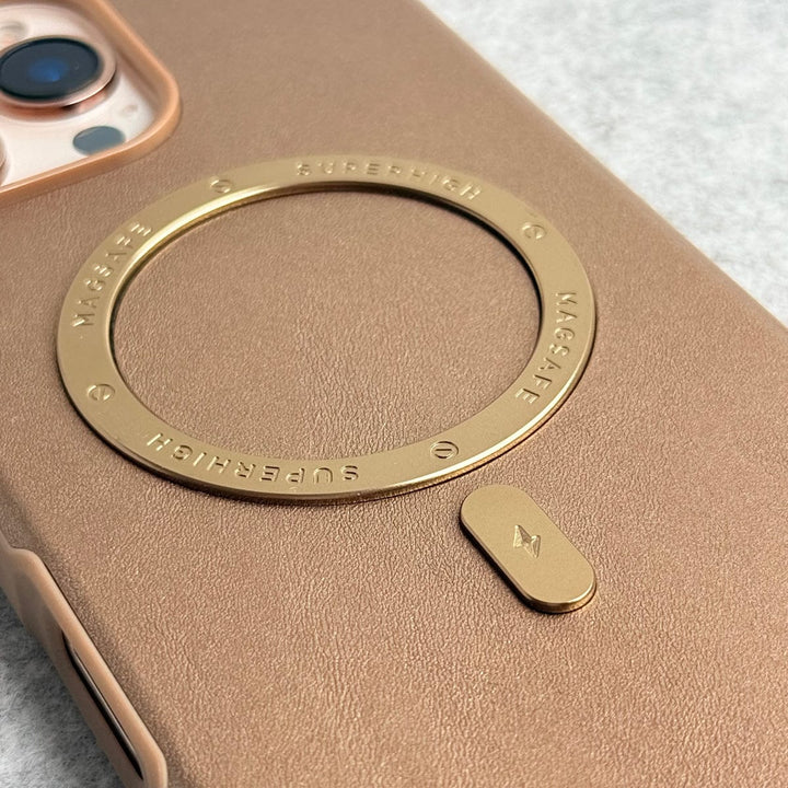 FRATO iPhone 16 Series iPhone 16 Pro Max Premium PU Leather Metal MagSafe Ring Case Golden