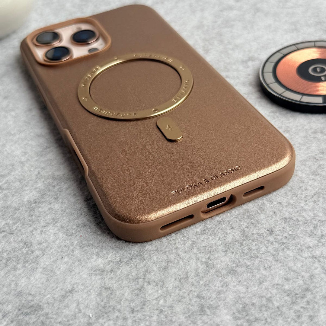 FRATO iPhone 16 Series iPhone 16 Pro Max Premium PU Leather Metal MagSafe Ring Case Golden