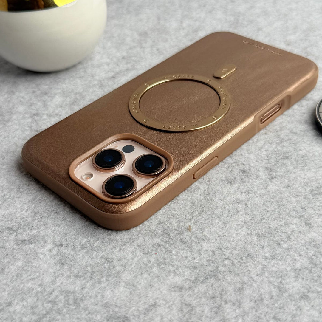 FRATO iPhone 16 Series iPhone 16 Pro Max Premium PU Leather Metal MagSafe Ring Case Golden