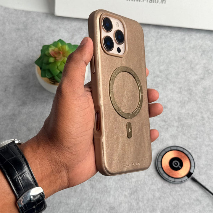 FRATO iPhone 16 Series iPhone 16 Pro Max Premium PU Leather Metal MagSafe Ring Case Golden