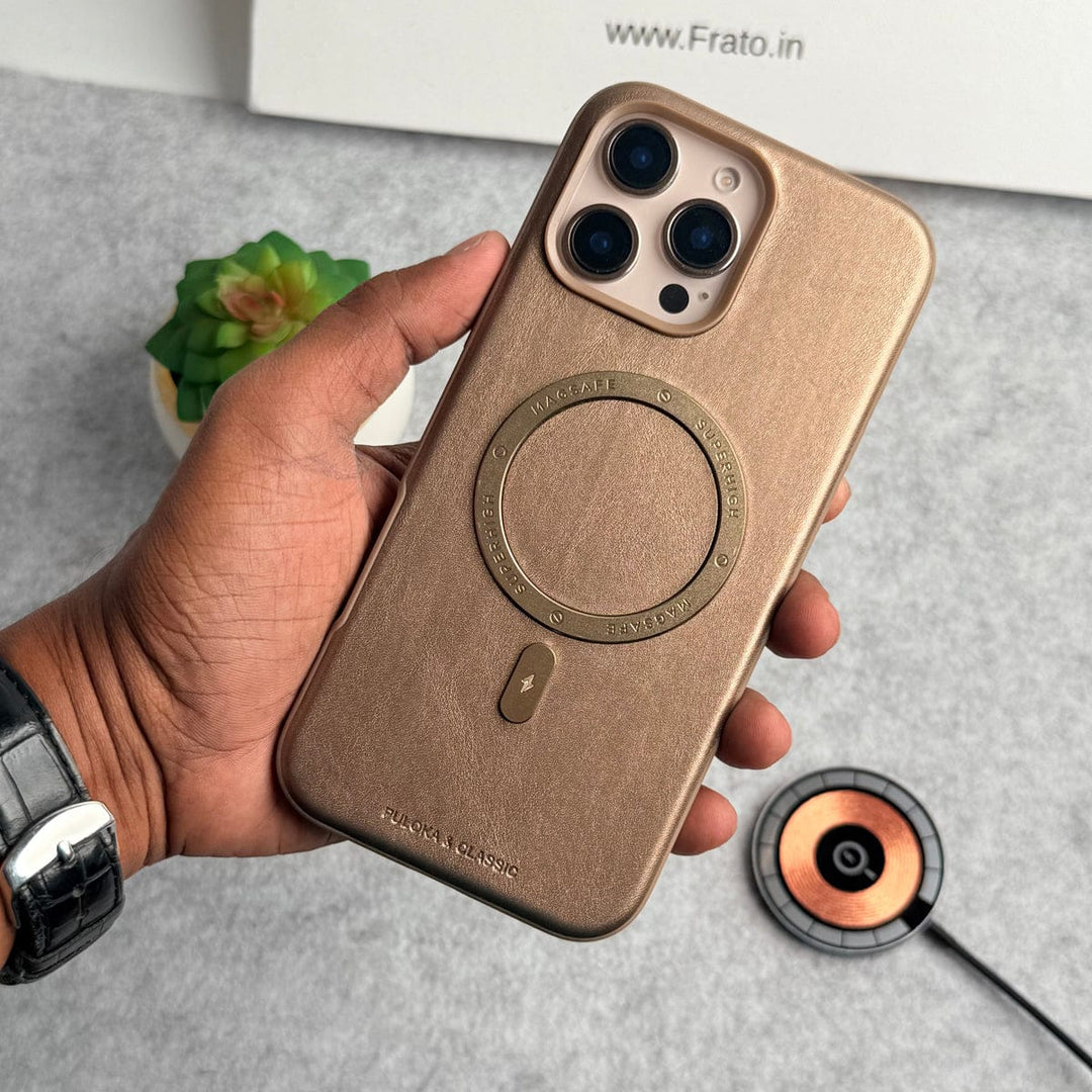 FRATO iPhone 16 Series iPhone 16 Pro Max Premium PU Leather Metal MagSafe Ring Case Golden