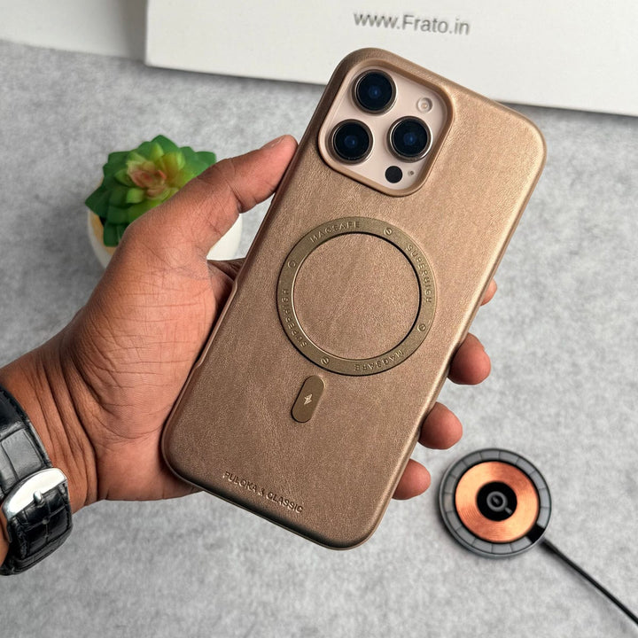 FRATO iPhone 16 Series iPhone 16 Pro Max Premium PU Leather Metal MagSafe Ring Case Golden