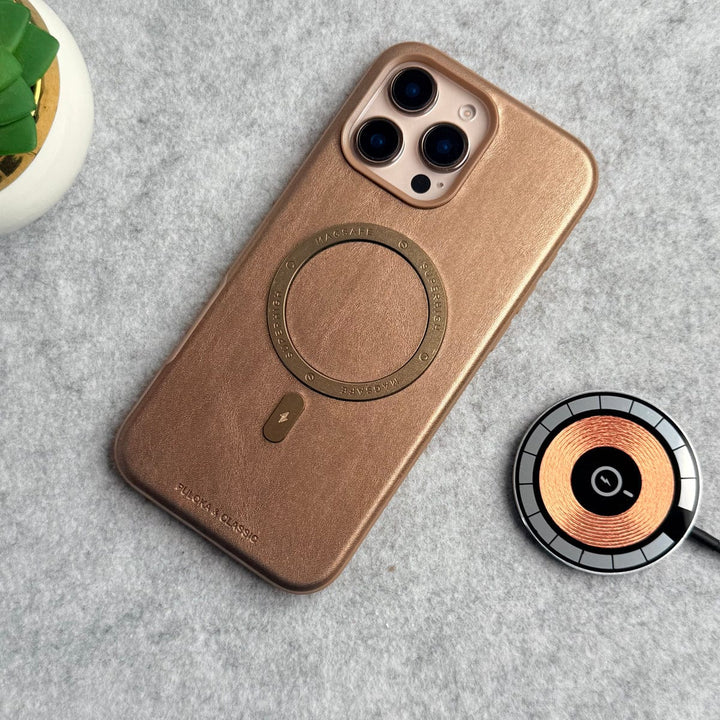 FRATO iPhone 16 Series iPhone 16 Pro Max Premium PU Leather Metal MagSafe Ring Case Golden