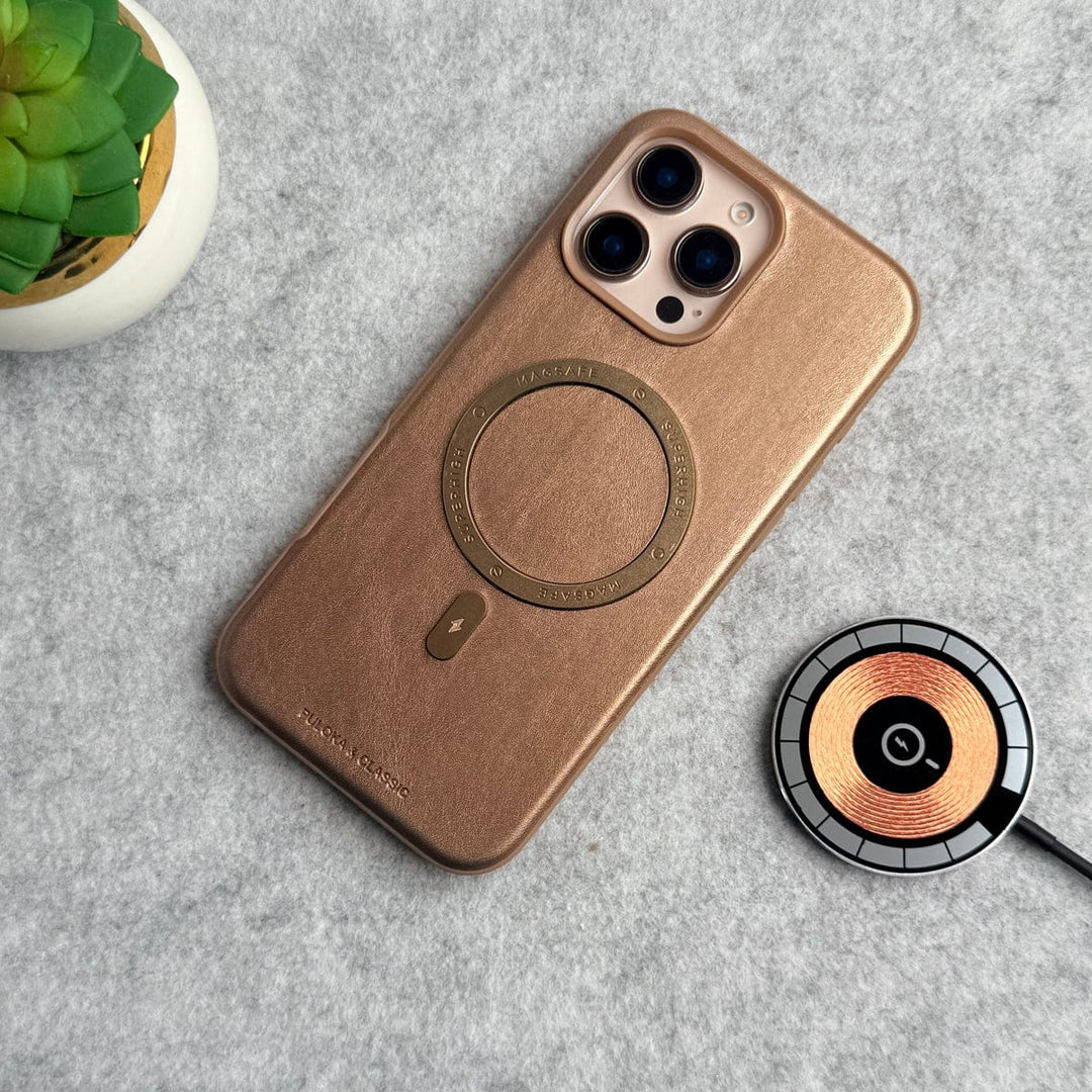 FRATO iPhone 16 Series iPhone 16 Pro Max Premium PU Leather Metal MagSafe Ring Case Golden